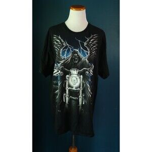 Vintage Y2K Grim Reaper Motorcycle Biker Skull XL  T-Shirt Skeleton Goth Grunge